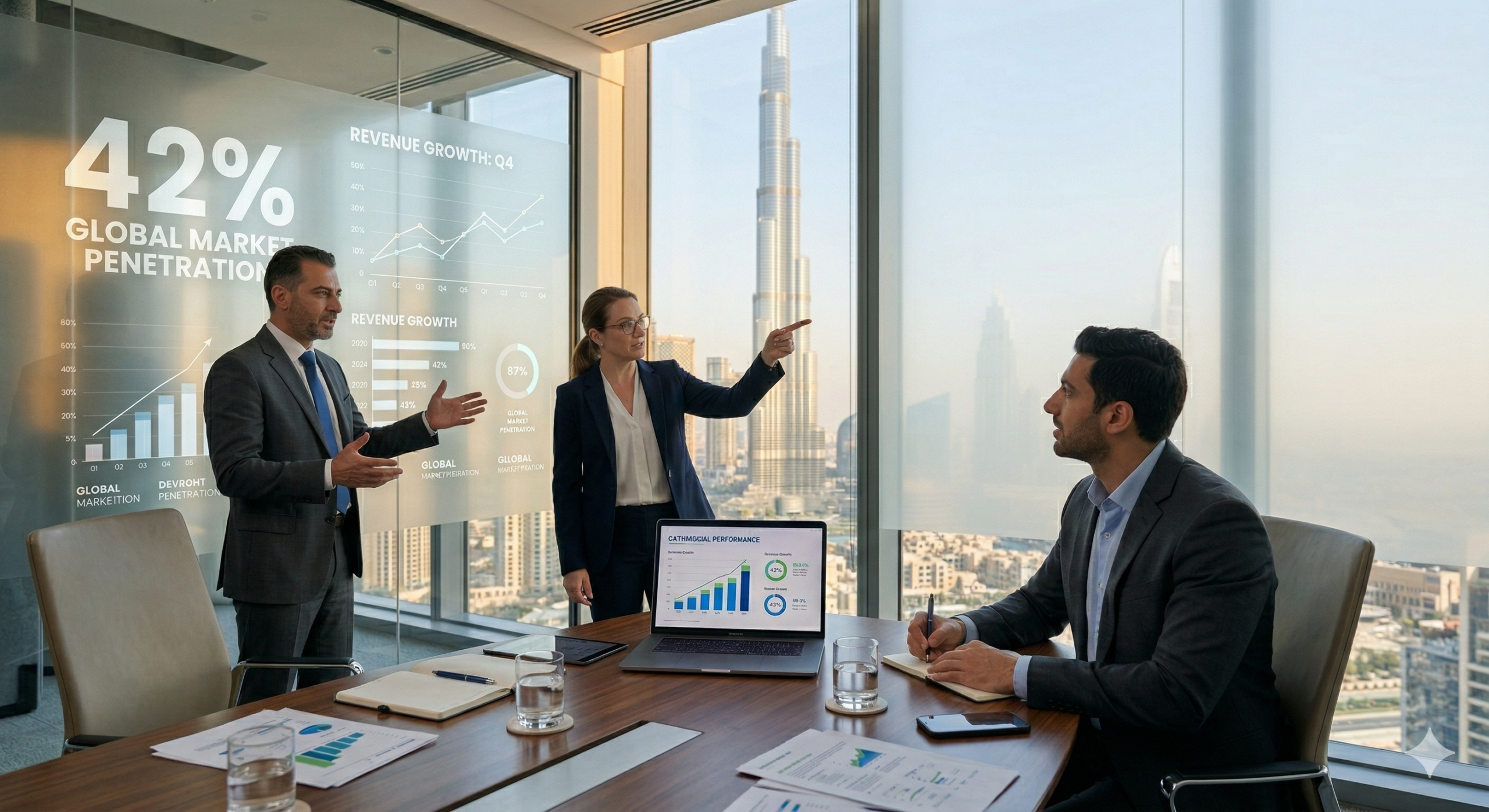 Business professionals in a modern Dubai boardroom collaborating on a growth strategy