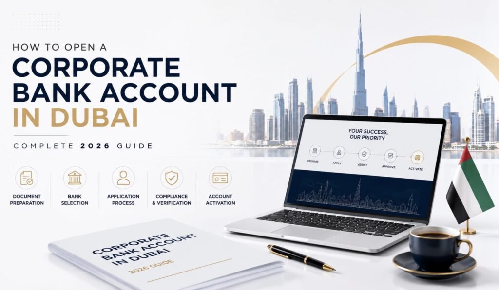 "Complete 2026 guide by Prolific Enterprises to open a corporate bank account in Dubai, featuring five steps: document preparation with Trade License and MOA, bank selection, application process, AML compliance verification, and account activation to avoid rejection."