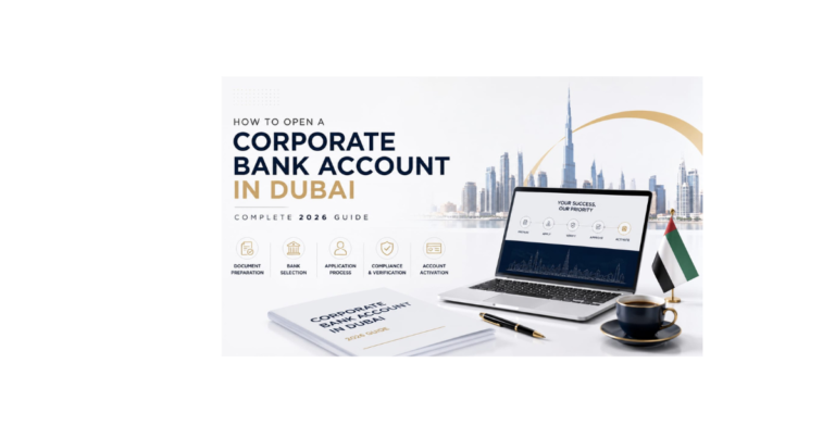 Infographic displaying the step-by-step process of how to open a corporate bank account in Dubai UAE, including document preparation, bank selection, compliance, and account activation.
