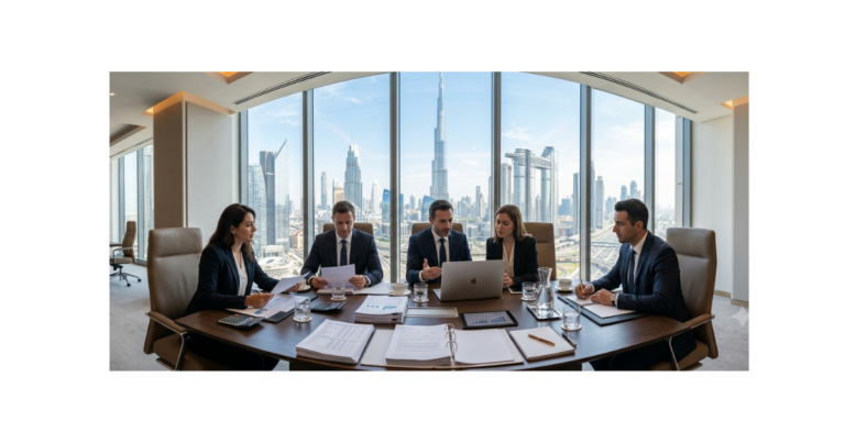 Financial advisors and corporate banking executives reviewing financial statements and investment strategies in a luxury Dubai boardroom overlooking the Burj Khalifa.