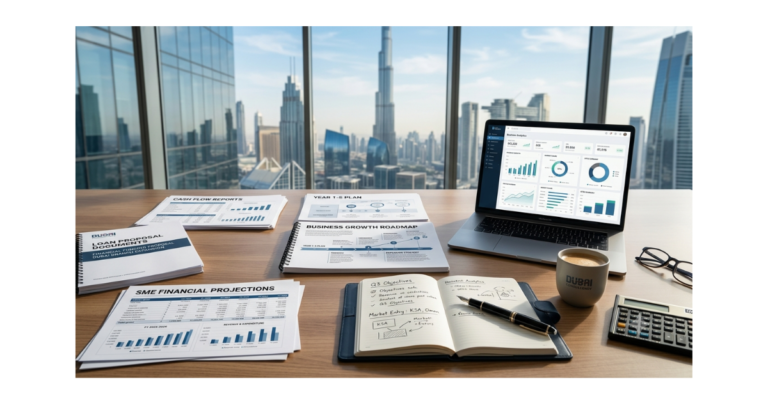 Business expansion loan planning for SMEs in the UAE with financial reports, growth strategy documents, and business analytics dashboard in a modern Dubai office.