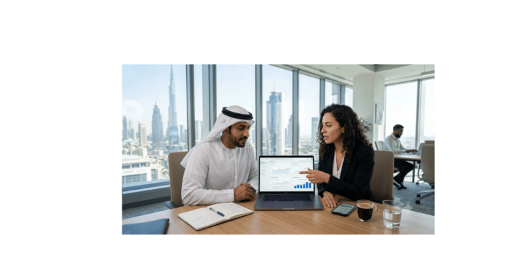 Female digital marketing consultant pointing to analytics dashboard on a laptop during a business consultation with an Emirati client in a high-rise Dubai office.