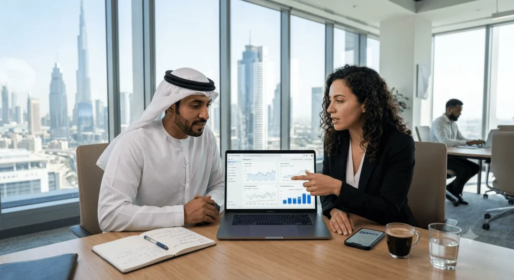 Digital marketing consultant discussing SEO, Google Ads, social media marketing, and business growth strategies with a small business owner in Dubai, UAE.