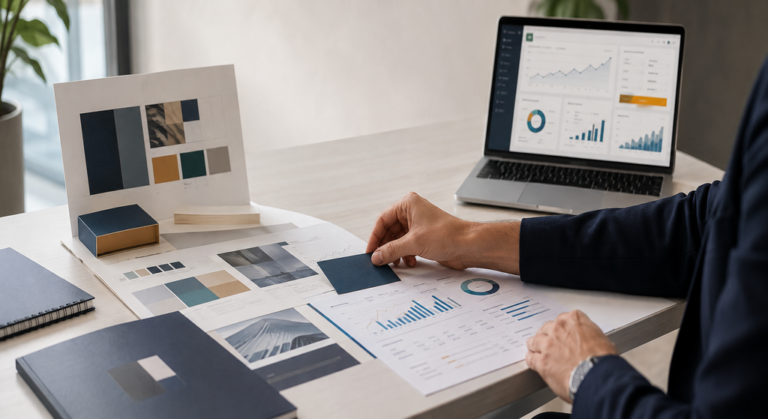Brand identity materials and digital marketing analytics dashboard representing branding and performance marketing working together.