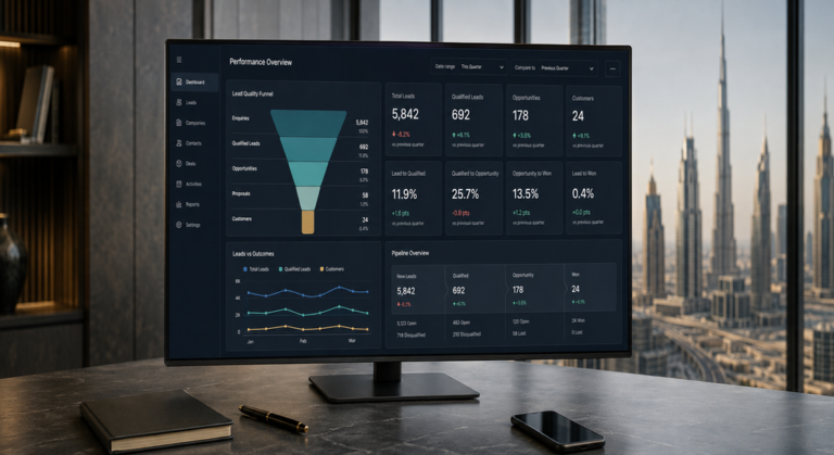 Lead quality analytics dashboard showing total enquiries, qualified leads, sales opportunities and customer conversions in a Dubai office.