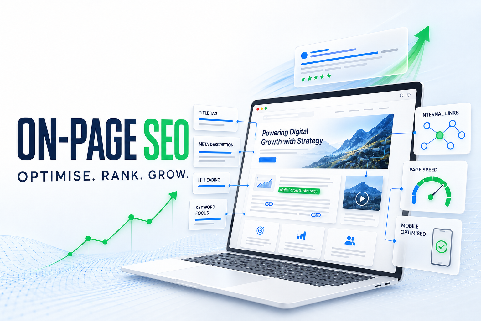 On-page SEO optimisation graphic showing title tags, meta descriptions, headings, keywords, internal links, page speed and mobile performance