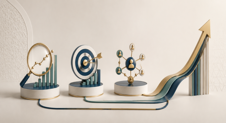 Minimal 3D illustration showing SEO, paid advertising and social media working together to support UAE business growth.