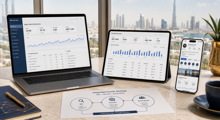 Integrated SEO, paid advertising and social media marketing dashboards displayed across digital devices in a Dubai office.