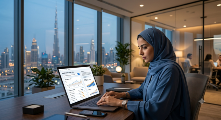 UAE business professional analyzing SEO and AI search performance in Dubai