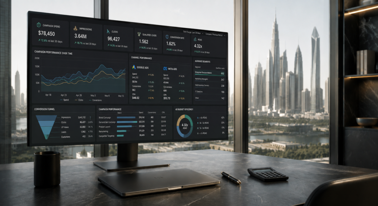 Digital marketing analytics dashboard displaying campaign performance, audience targeting, qualified leads and advertising results in a Dubai office.