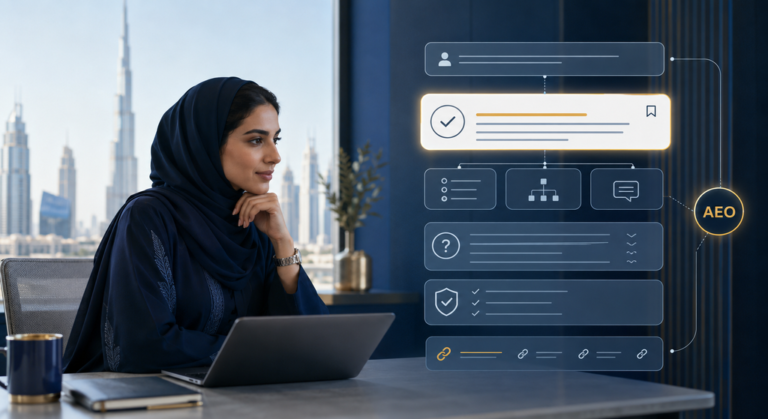 UAE businesswoman reviewing an AEO content structure for AI-powered search visibility