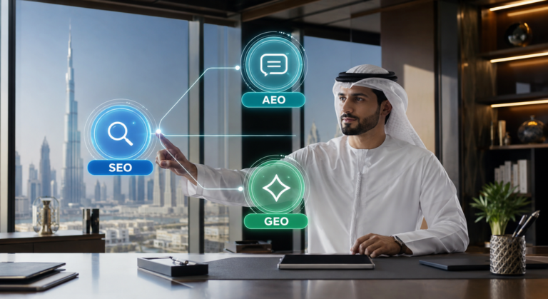 Emirati business professional comparing SEO, AEO and GEO strategies for digital search visibility