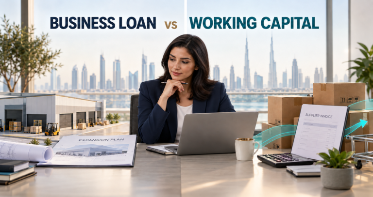 Businesswoman comparing a business loan and working capital options for a UAE company