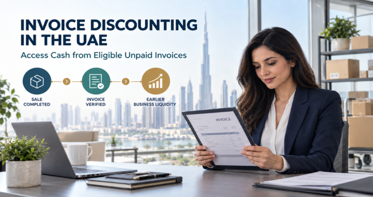 UAE businesswoman reviewing an unpaid invoice for invoice discounting and earlier business liquidity