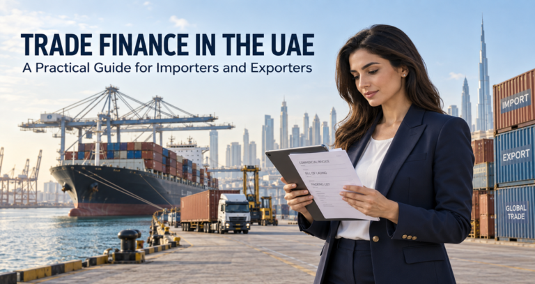 Businesswoman reviewing trade documents at a UAE shipping port with cargo containers and a vessel