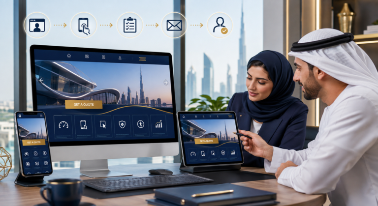 UAE business professionals reviewing a responsive, high-converting website on desktop, tablet and mobile devices