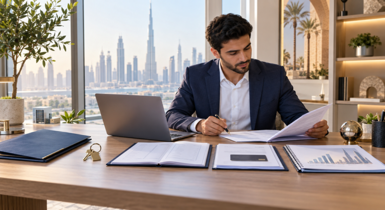 UAE entrepreneur reviewing company setup, banking and financial documents while planning for future business funding.