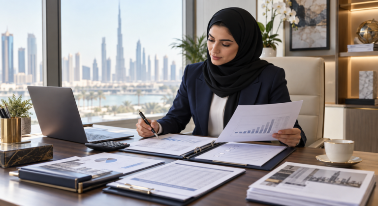 UAE businesswoman reviewing cash-flow forecasts, financial records and supporting documents before applying for financing.