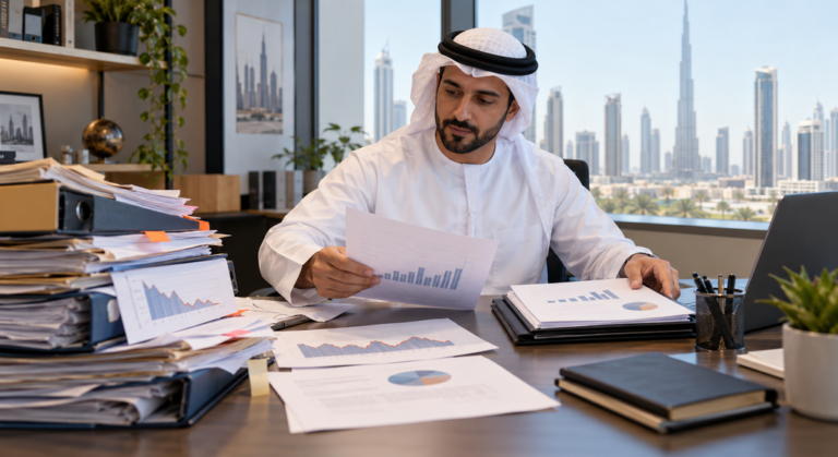 UAE SME owner reviewing disorganised financial records and uneven cash-flow reports while preparing a stronger financing application.