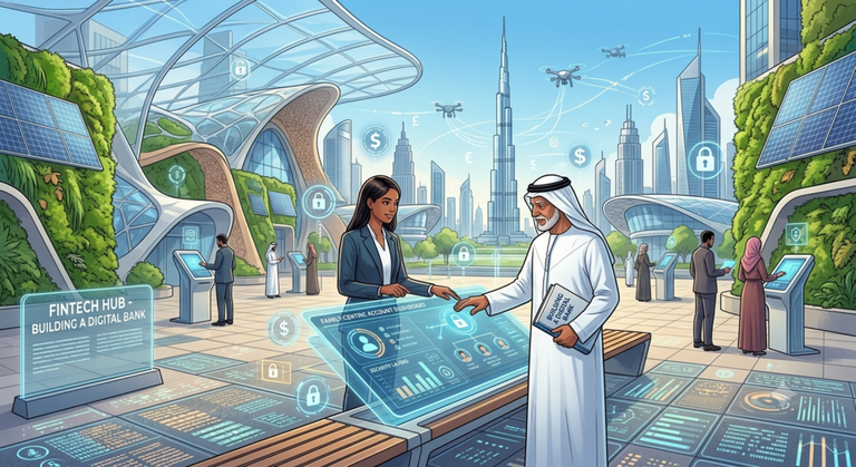 Finance leaders reviewing business banking for large corporates in the UAE on a digital dashboard