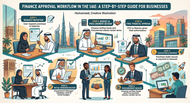 Five-step finance approval workflow in the UAE: request, manager review, budget check, final approval and payment