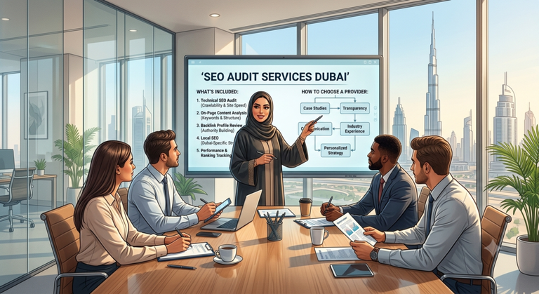 Team reviewing SEO audit services Dubai checklist in a meeting room with a Burj Khalifa view