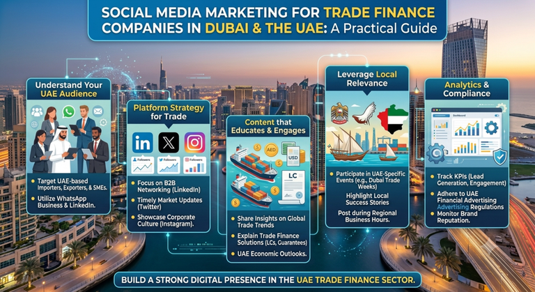 Social Media Marketing for Trade Finance Companies in Dubai & UAE practical guide infographic.