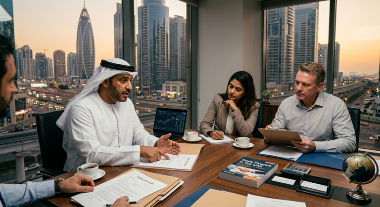 Business professionals discussing trade finance in the UAE at a meeting table with letter of credit documents, Dubai skyline behind