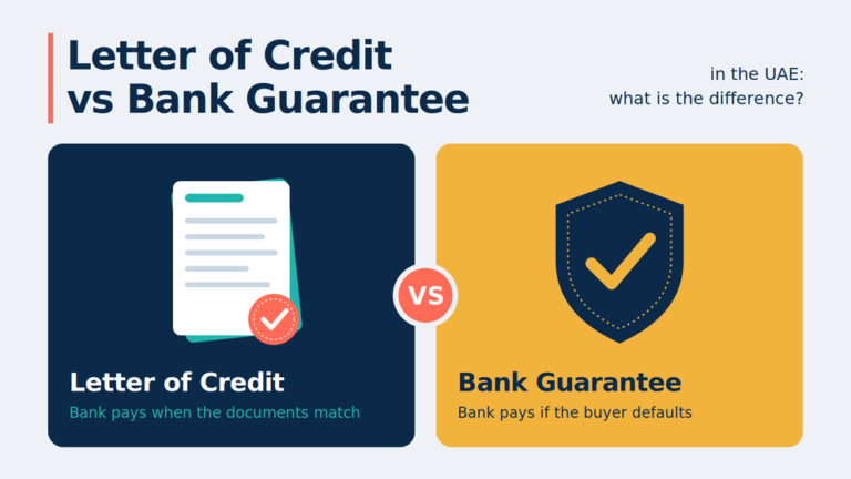 Split comparison graphic: a Letter of Credit document with a check mark on a navy panel versus a Bank Guarantee shield with a check mark on a yellow panel, with a VS badge between them.