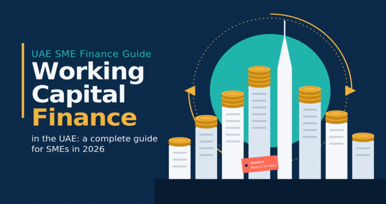 Illustration of document-style bars topped with gold coins around a central tower on a teal circle, with a circular arrow and an invoice tag reading "Paid in 30 days," under the title "Working Capital Finance."